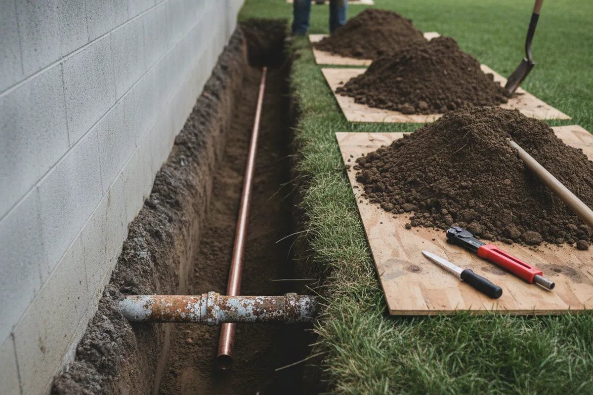 Excavated water line trench during Water Softener Installation in Laclede